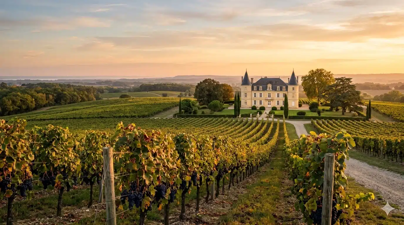 Château et vignobles de la route des vins du Médoc au coucher du soleil