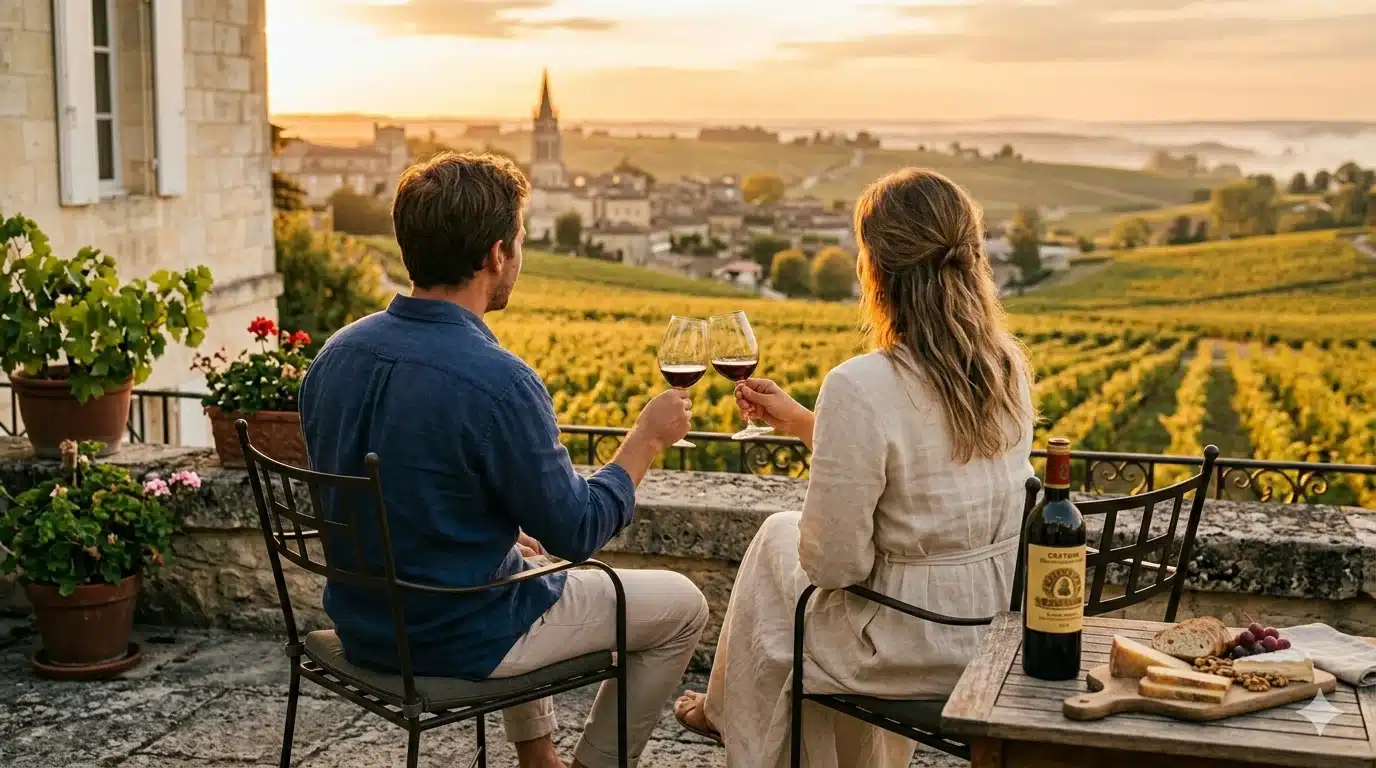 Couple en week-end amoureux près de Bordeaux dégustant un vin face aux vignobles